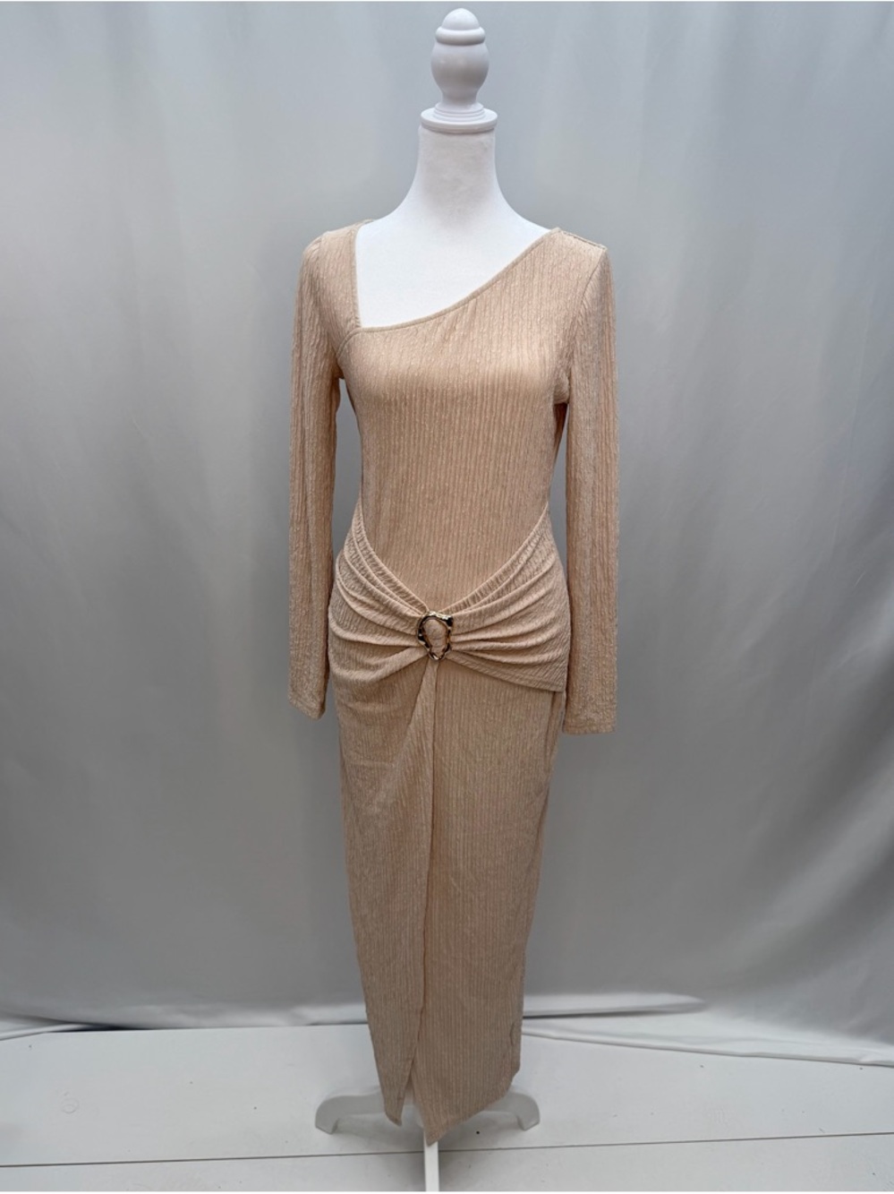 Champagne Gold Asymmetric Ring-Detail Maxi Dress